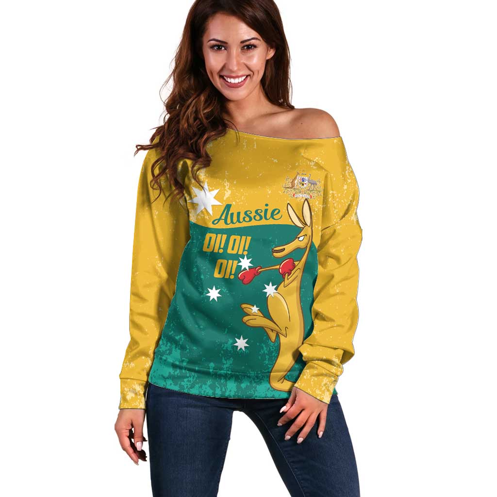 Personalised Boxing Kangaroo Off Shoulder Sweater Aussie Oi Oi Oi Sporty National Color - Aussie Hoodie