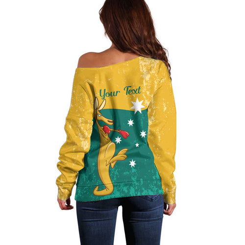 Personalised Boxing Kangaroo Off Shoulder Sweater Aussie Oi Oi Oi Sporty National Color - Aussie Hoodie