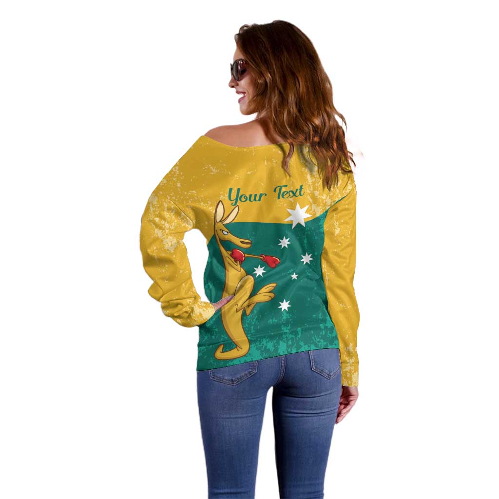 Personalised Boxing Kangaroo Off Shoulder Sweater Aussie Oi Oi Oi Sporty National Color - Aussie Hoodie