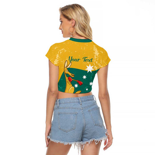 Personalised Boxing Kangaroo Raglan Cropped T Shirt Aussie Oi Oi Oi Sporty National Color - Aussie Hoodie