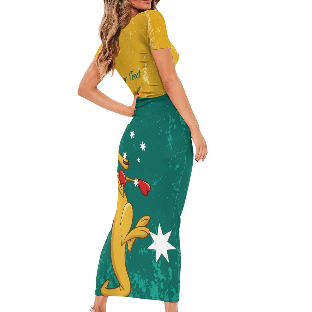 Personalised Boxing Kangaroo Short Sleeve Bodycon Dress Aussie Oi Oi Oi Sporty National Color - Aussie Hoodie