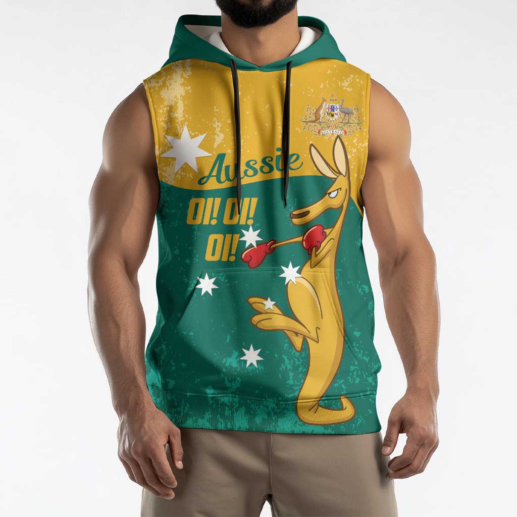 Personalised Boxing Kangaroo Sleeveless Hoodie Aussie Oi Oi Oi Sporty National Color - Aussie Hoodie