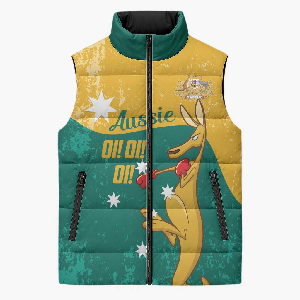 Personalised Boxing Kangaroo Sleeveless Puffer Jacket Aussie Oi Oi Oi Sporty National Color - Aussie Hoodie