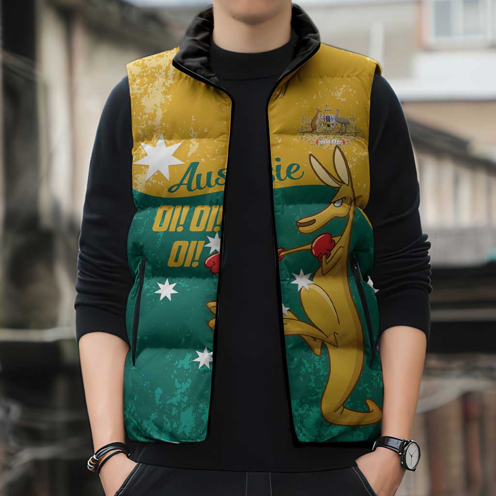 Personalised Boxing Kangaroo Sleeveless Puffer Jacket Aussie Oi Oi Oi Sporty National Color - Aussie Hoodie