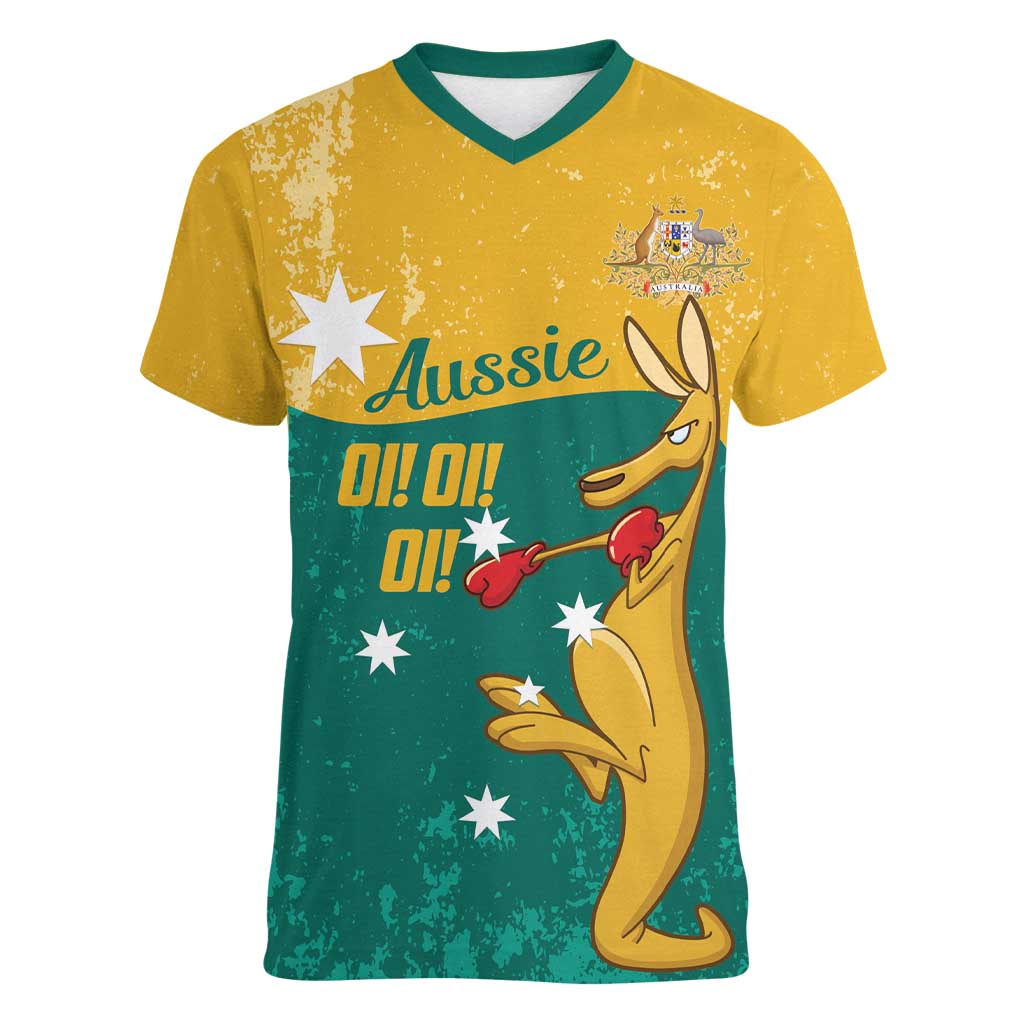Personalised Boxing Kangaroo Women V-Neck T-Shirt Aussie Oi Oi Oi Sporty National Color - Aussie Hoodie