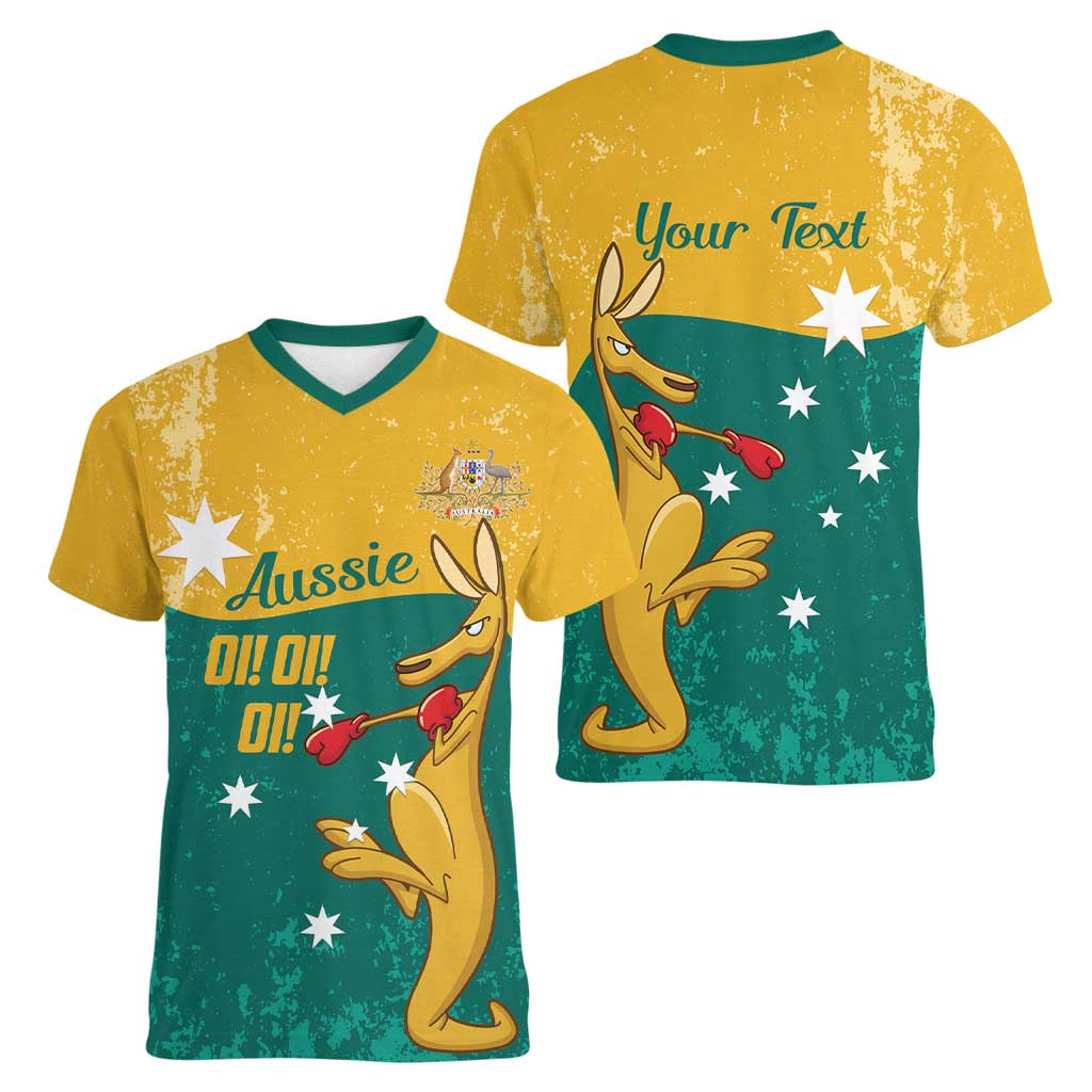 Personalised Boxing Kangaroo Women V-Neck T-Shirt Aussie Oi Oi Oi Sporty National Color - Aussie Hoodie