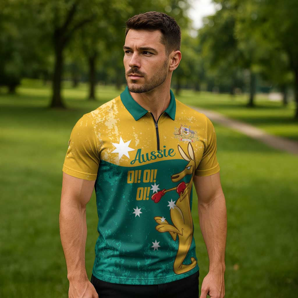 Personalised Boxing Kangaroo Zipper Polo Shirt Aussie Oi Oi Oi Sporty National Color - Aussie Hoodie