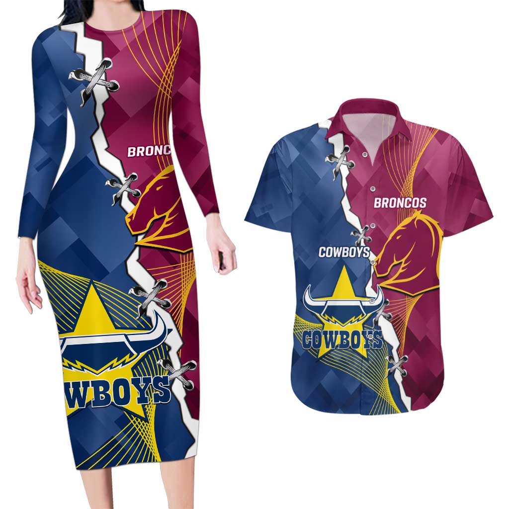 Custom Cowboys And Broncos Rugby Couples Matching Long Sleeve Bodycon Dress and Hawaiian Shirt Dynamic Style