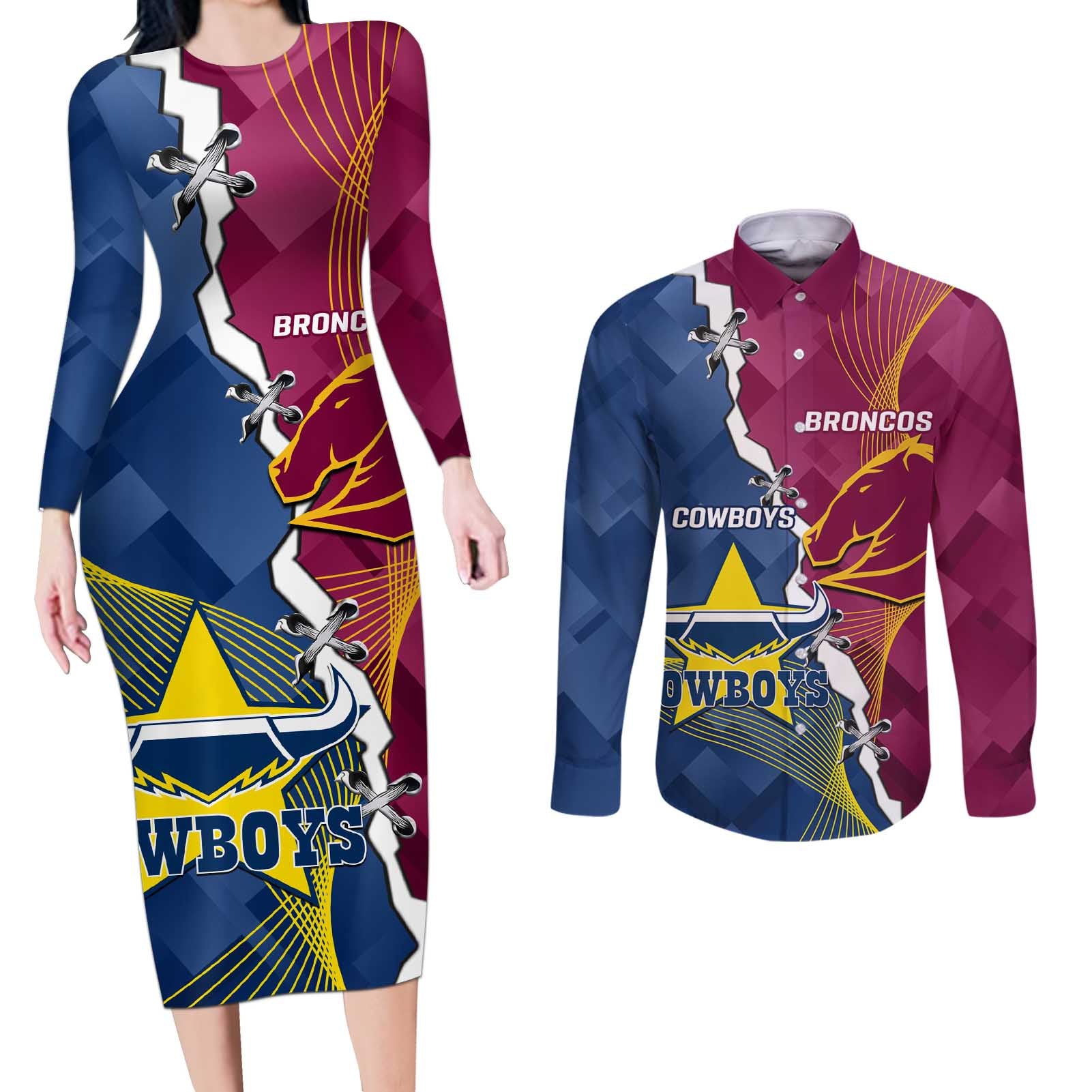 Custom Cowboys And Broncos Rugby Couples Matching Long Sleeve Bodycon Dress and Long Sleeve Button Shirt Dynamic Style