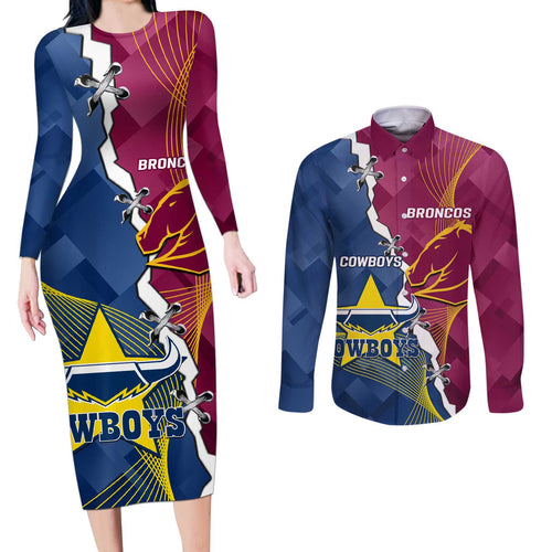 Custom Cowboys And Broncos Rugby Couples Matching Long Sleeve Bodycon Dress and Long Sleeve Button Shirt Dynamic Style