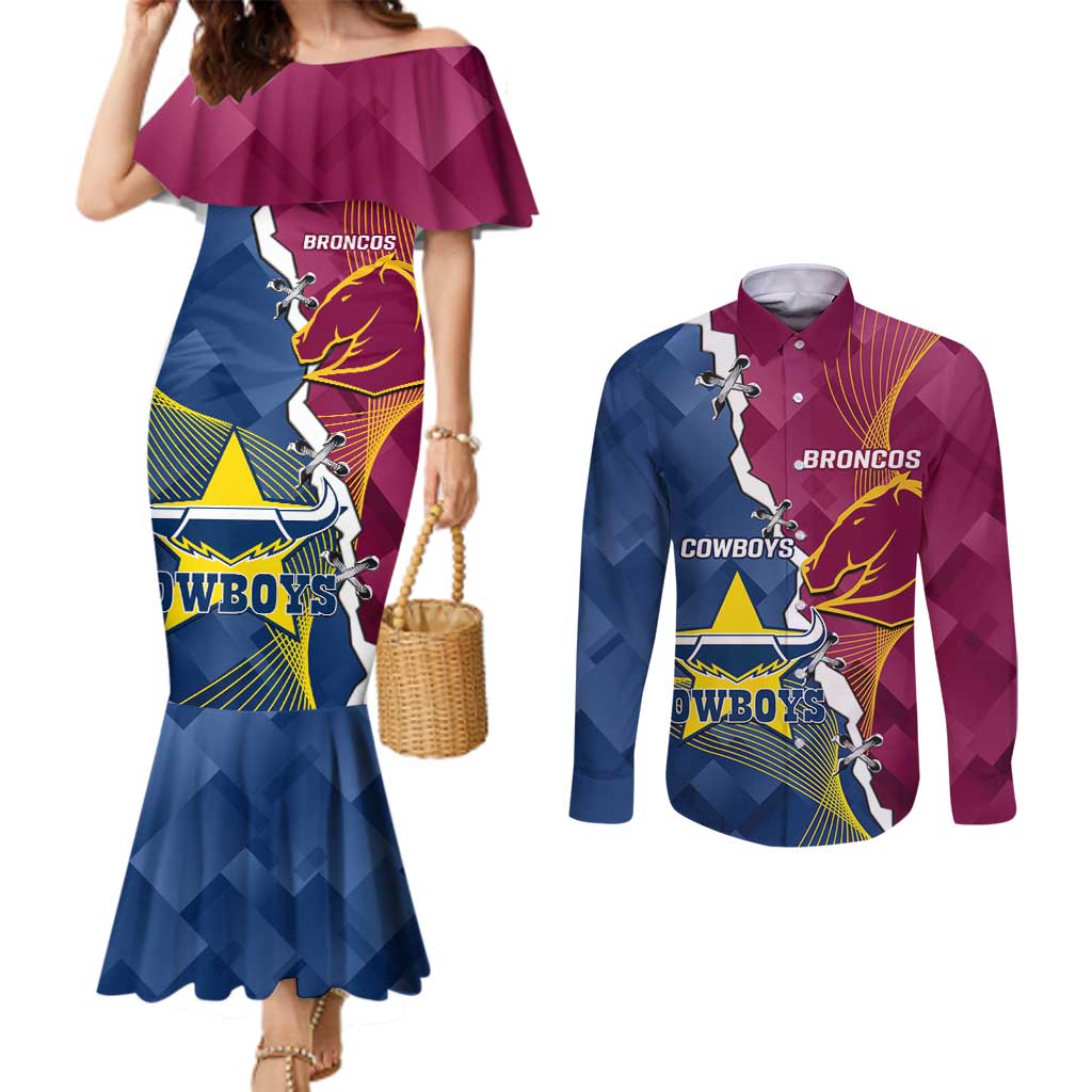 Custom Cowboys And Broncos Rugby Couples Matching Mermaid Dress and Long Sleeve Button Shirt Dynamic Style