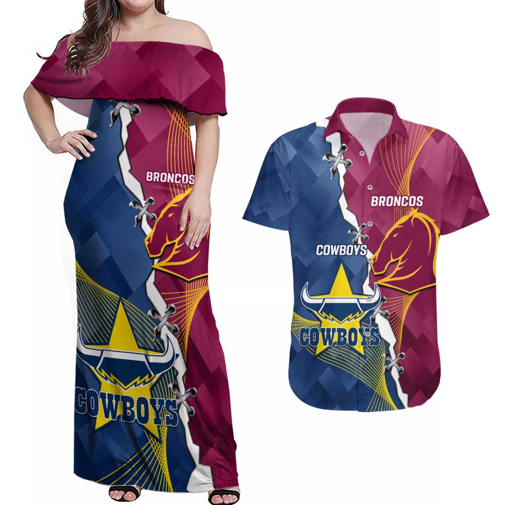 Custom Cowboys And Broncos Rugby Couples Matching Off Shoulder Maxi Dress and Hawaiian Shirt Dynamic Style