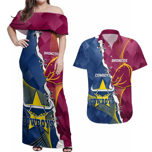 Custom Cowboys And Broncos Rugby Couples Matching Off Shoulder Maxi Dress and Hawaiian Shirt Dynamic Style