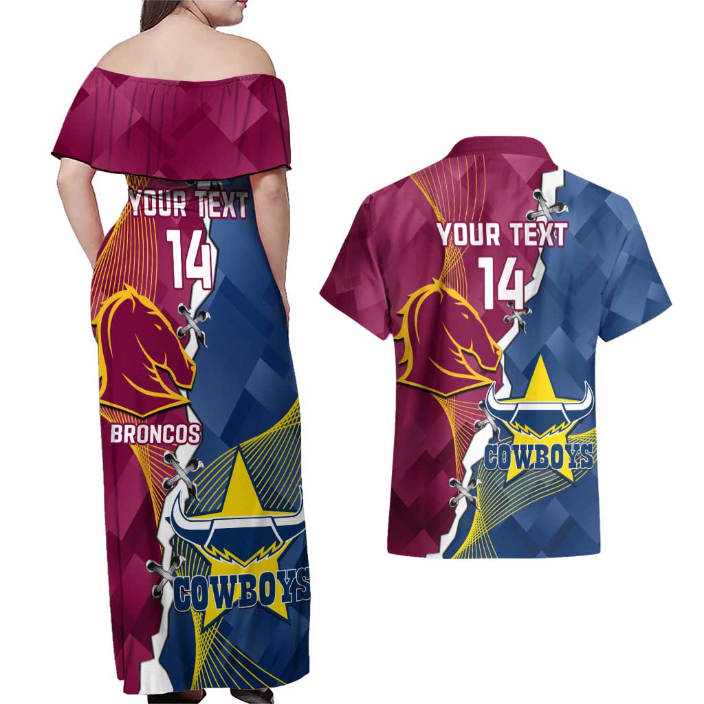 Custom Cowboys And Broncos Rugby Couples Matching Off Shoulder Maxi Dress and Hawaiian Shirt Dynamic Style