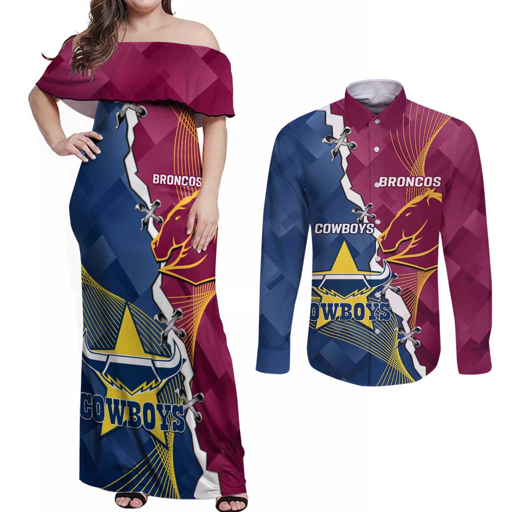 Custom Cowboys And Broncos Rugby Couples Matching Off Shoulder Maxi Dress and Long Sleeve Button Shirt Dynamic Style