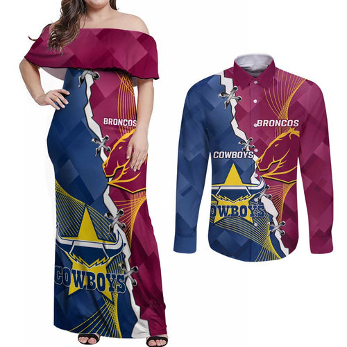 Custom Cowboys And Broncos Rugby Couples Matching Off Shoulder Maxi Dress and Long Sleeve Button Shirt Dynamic Style