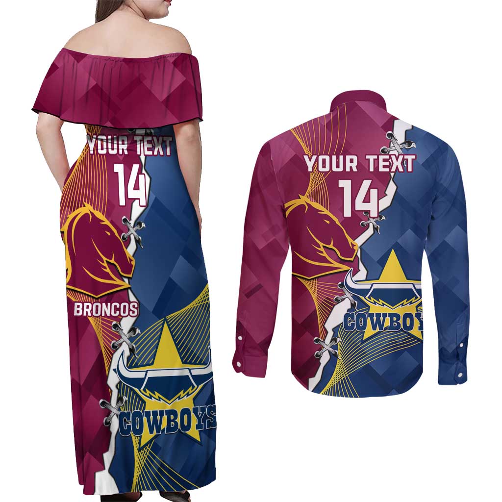 Custom Cowboys And Broncos Rugby Couples Matching Off Shoulder Maxi Dress and Long Sleeve Button Shirt Dynamic Style