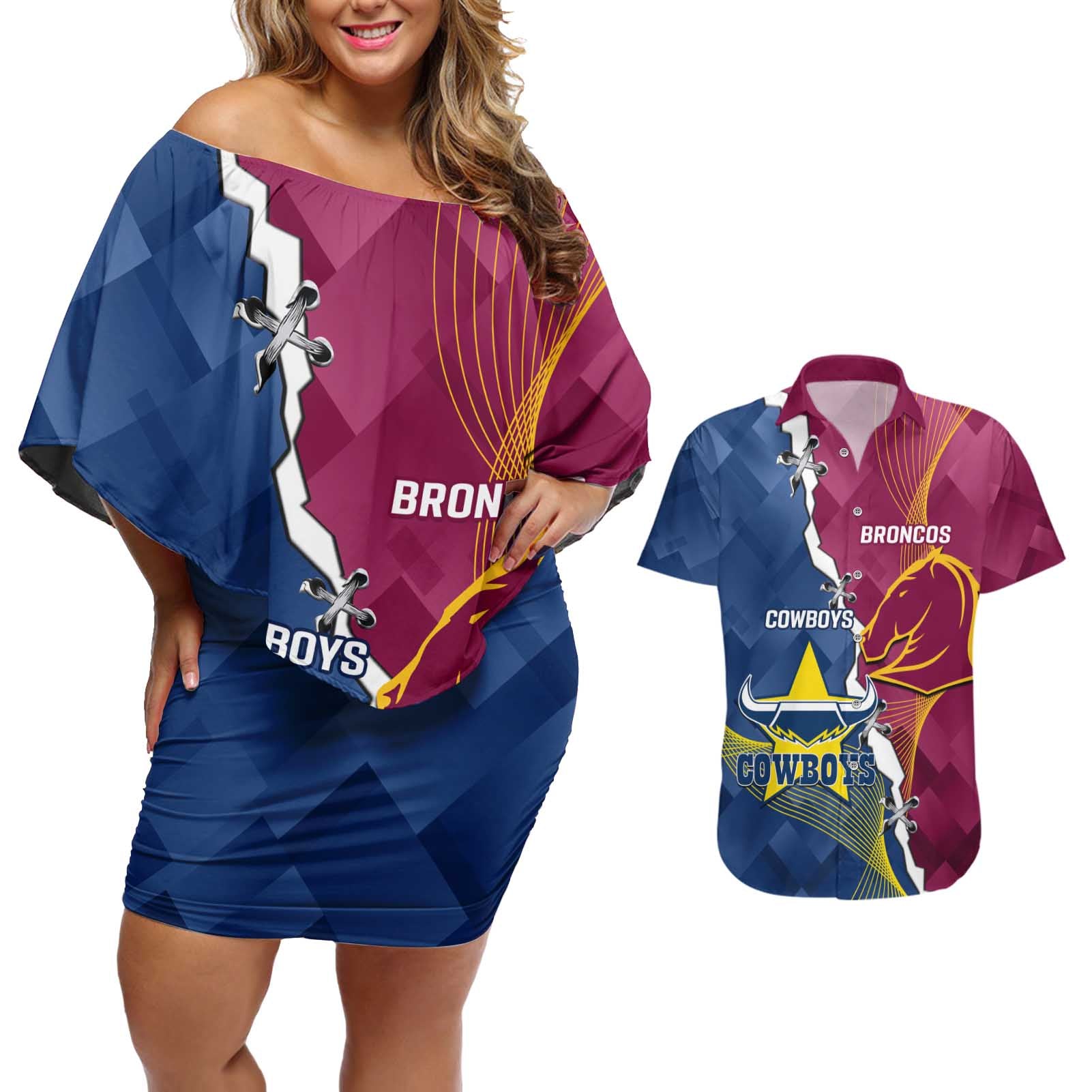 Custom Cowboys And Broncos Rugby Couples Matching Off Shoulder Short Dress and Hawaiian Shirt Dynamic Style