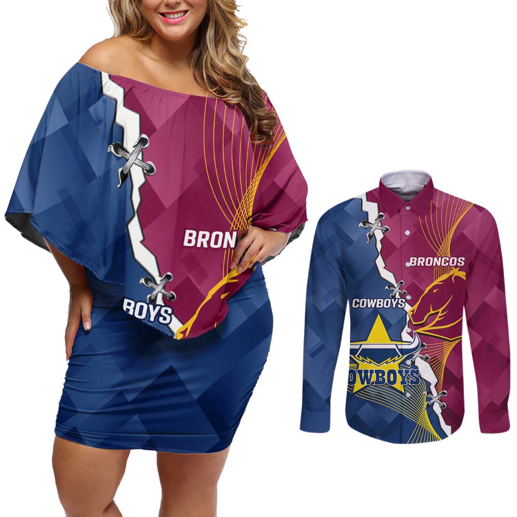 Custom Cowboys And Broncos Rugby Couples Matching Off Shoulder Short Dress and Long Sleeve Button Shirt Dynamic Style