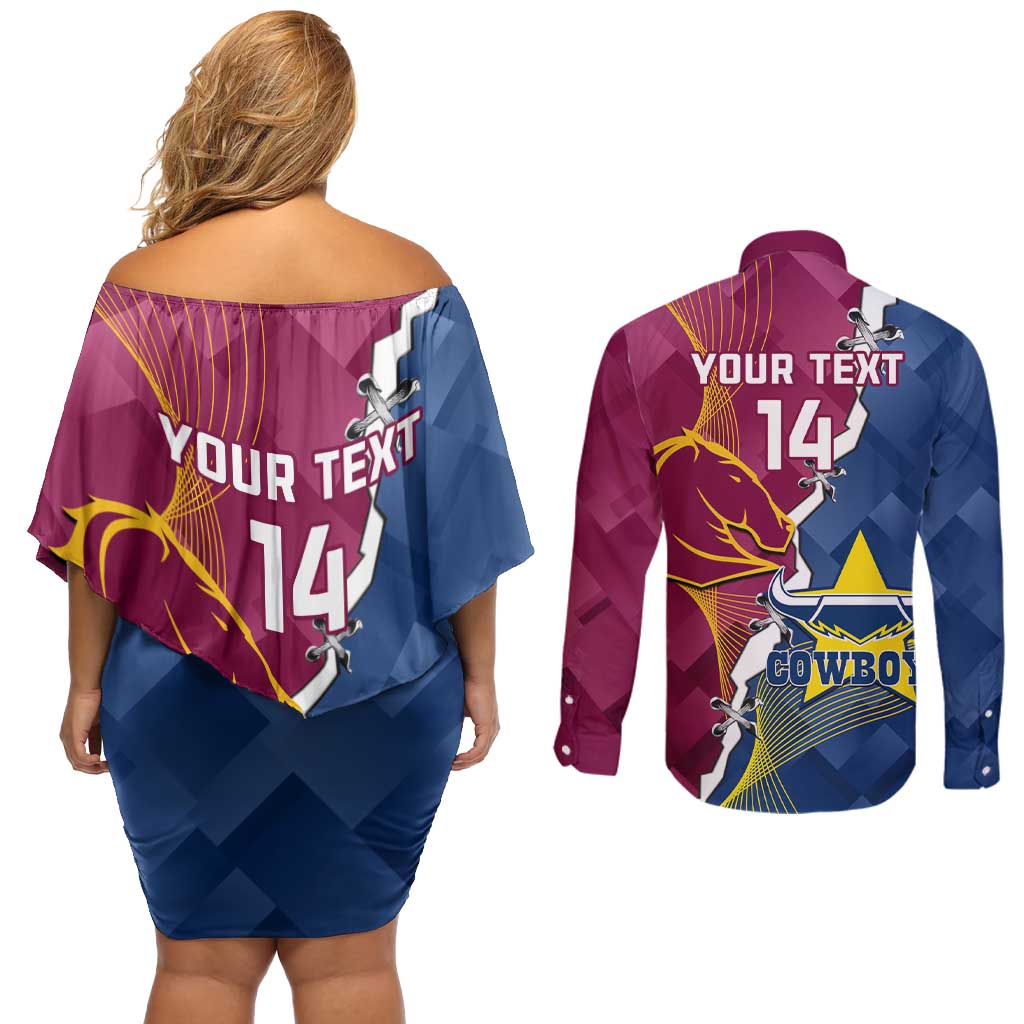 Custom Cowboys And Broncos Rugby Couples Matching Off Shoulder Short Dress and Long Sleeve Button Shirt Dynamic Style