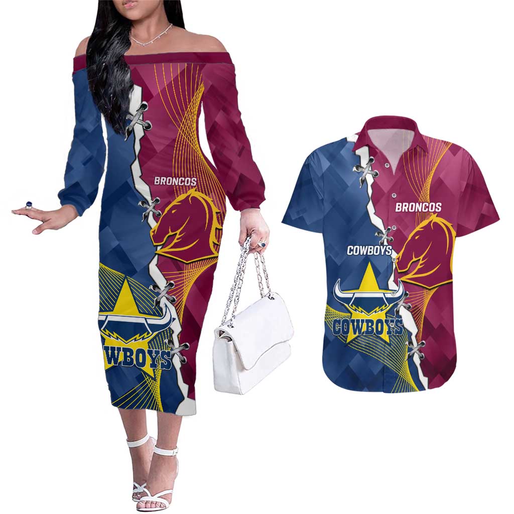 Custom Cowboys And Broncos Rugby Couples Matching Off The Shoulder Long Sleeve Dress and Hawaiian Shirt Dynamic Style