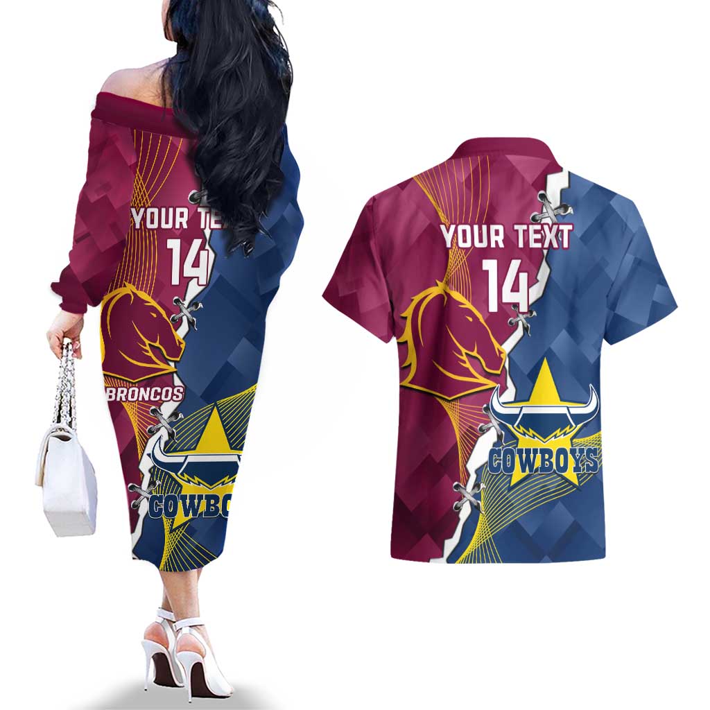 Custom Cowboys And Broncos Rugby Couples Matching Off The Shoulder Long Sleeve Dress and Hawaiian Shirt Dynamic Style