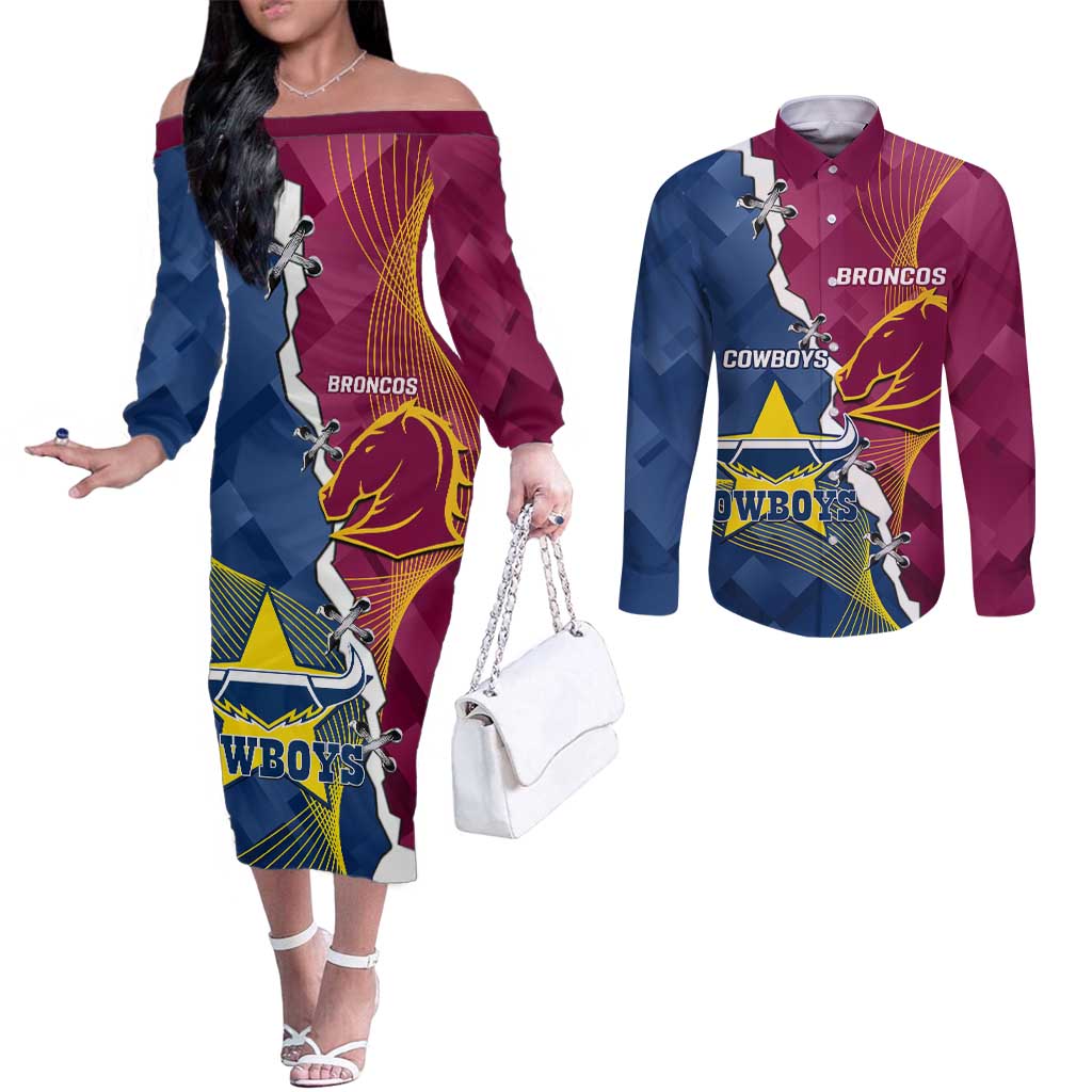 Custom Cowboys And Broncos Rugby Couples Matching Off The Shoulder Long Sleeve Dress and Long Sleeve Button Shirt Dynamic Style
