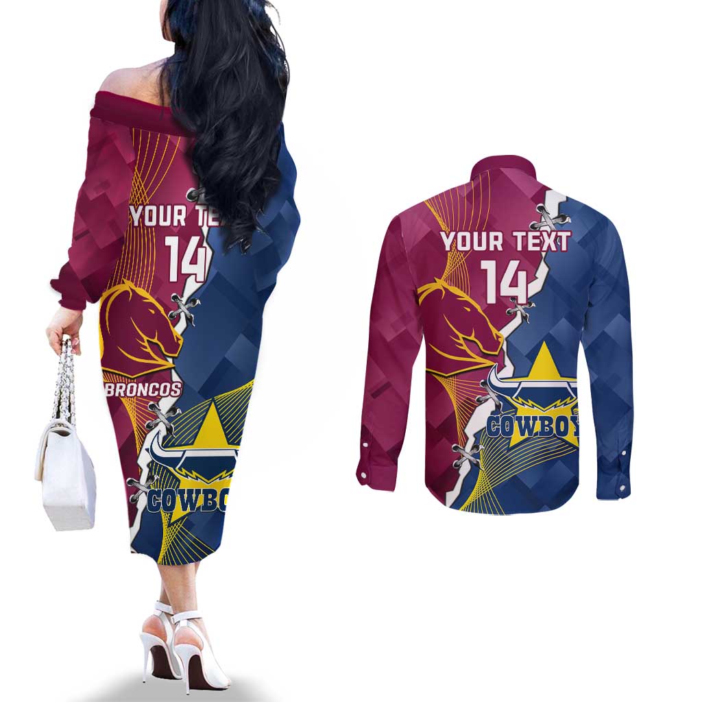Custom Cowboys And Broncos Rugby Couples Matching Off The Shoulder Long Sleeve Dress and Long Sleeve Button Shirt Dynamic Style