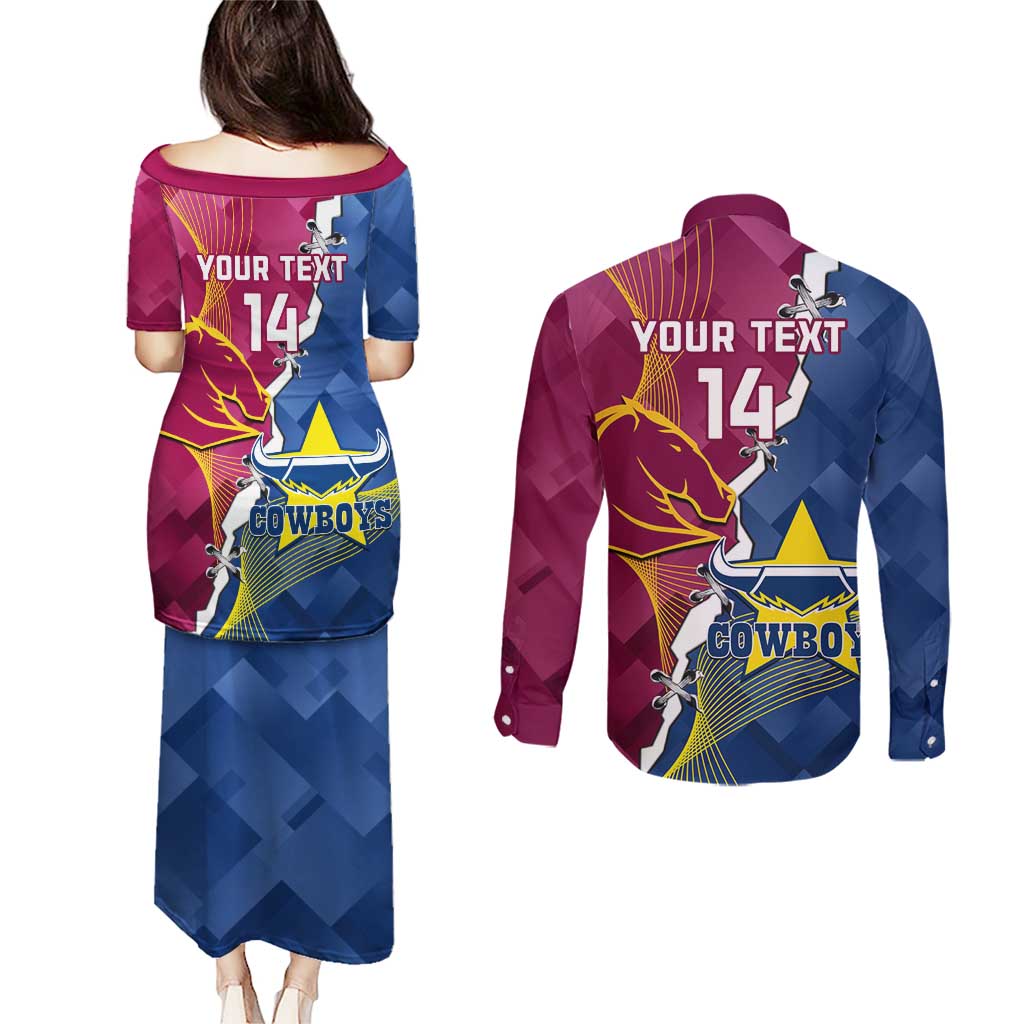 Custom Cowboys And Broncos Rugby Couples Matching Puletasi and Long Sleeve Button Shirt Dynamic Style