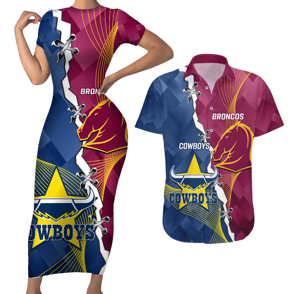 Custom Cowboys And Broncos Rugby Couples Matching Short Sleeve Bodycon Dress and Hawaiian Shirt Dynamic Style