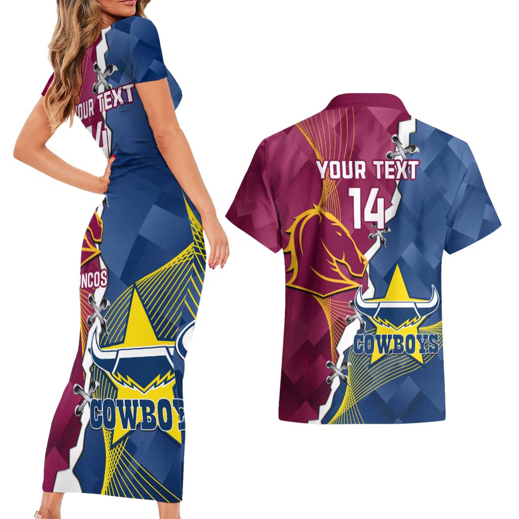 Custom Cowboys And Broncos Rugby Couples Matching Short Sleeve Bodycon Dress and Hawaiian Shirt Dynamic Style
