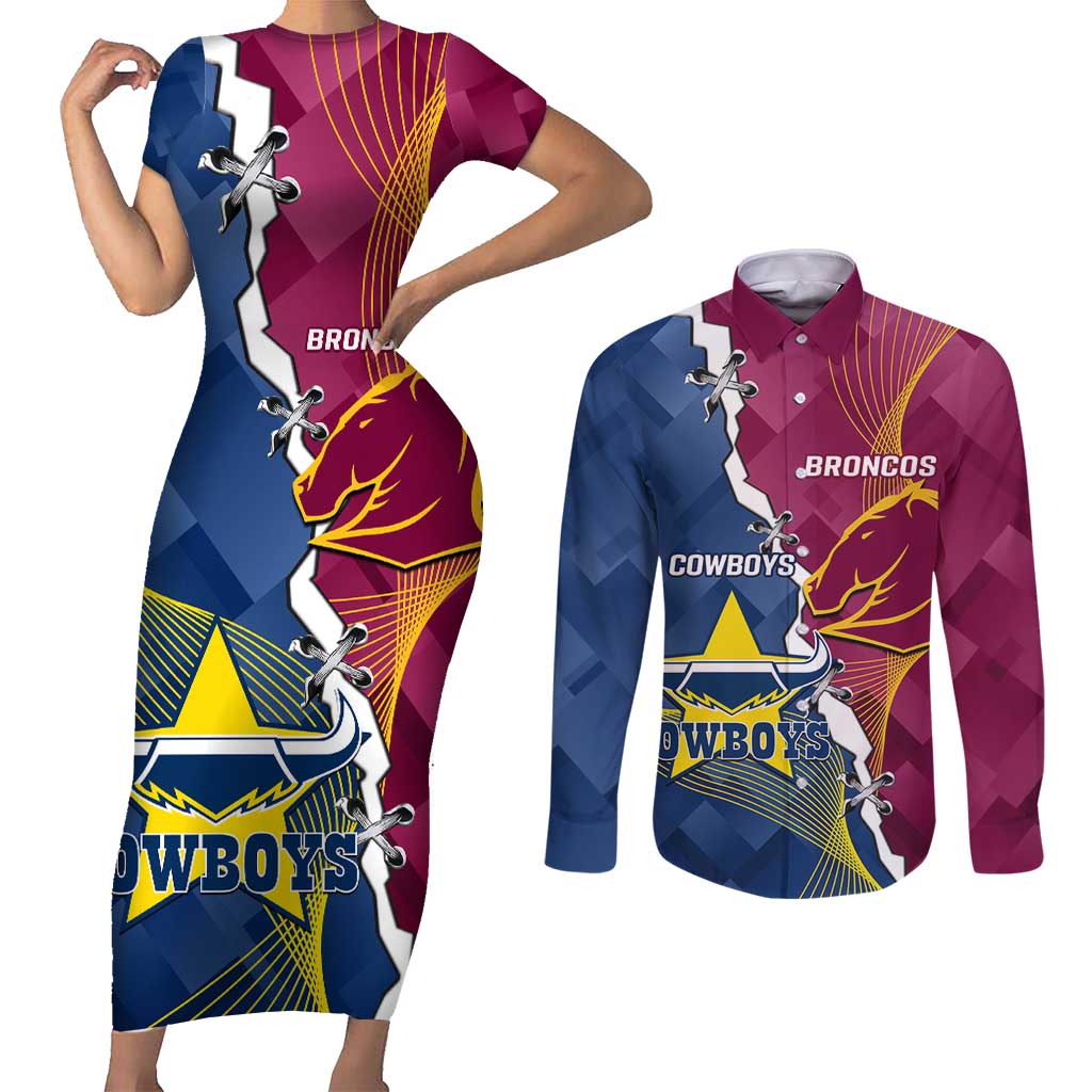 Custom Cowboys And Broncos Rugby Couples Matching Short Sleeve Bodycon Dress and Long Sleeve Button Shirt Dynamic Style
