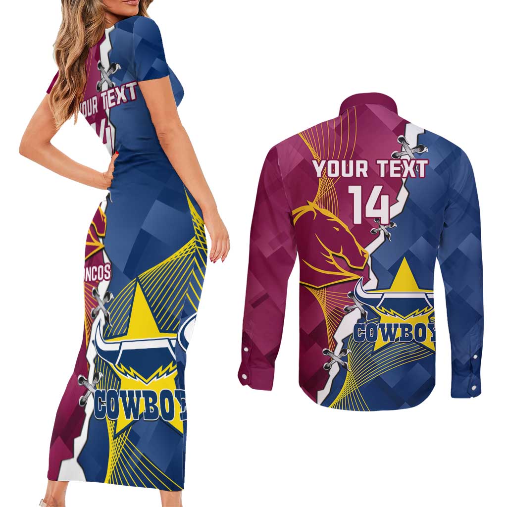 Custom Cowboys And Broncos Rugby Couples Matching Short Sleeve Bodycon Dress and Long Sleeve Button Shirt Dynamic Style