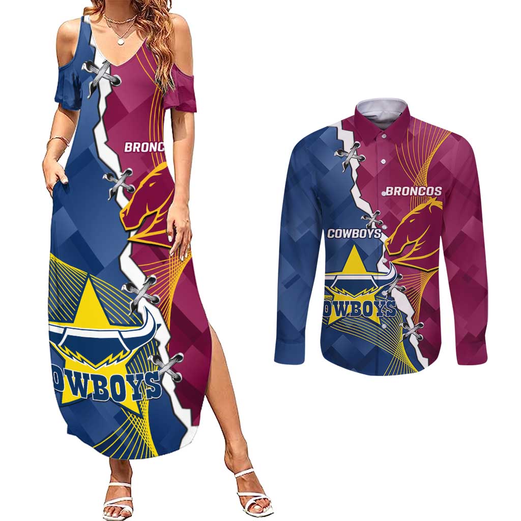 Custom Cowboys And Broncos Rugby Couples Matching Summer Maxi Dress and Long Sleeve Button Shirt Dynamic Style