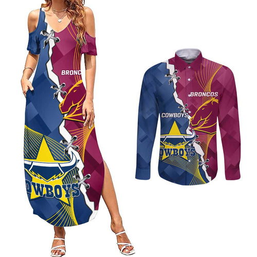 Custom Cowboys And Broncos Rugby Couples Matching Summer Maxi Dress and Long Sleeve Button Shirt Dynamic Style