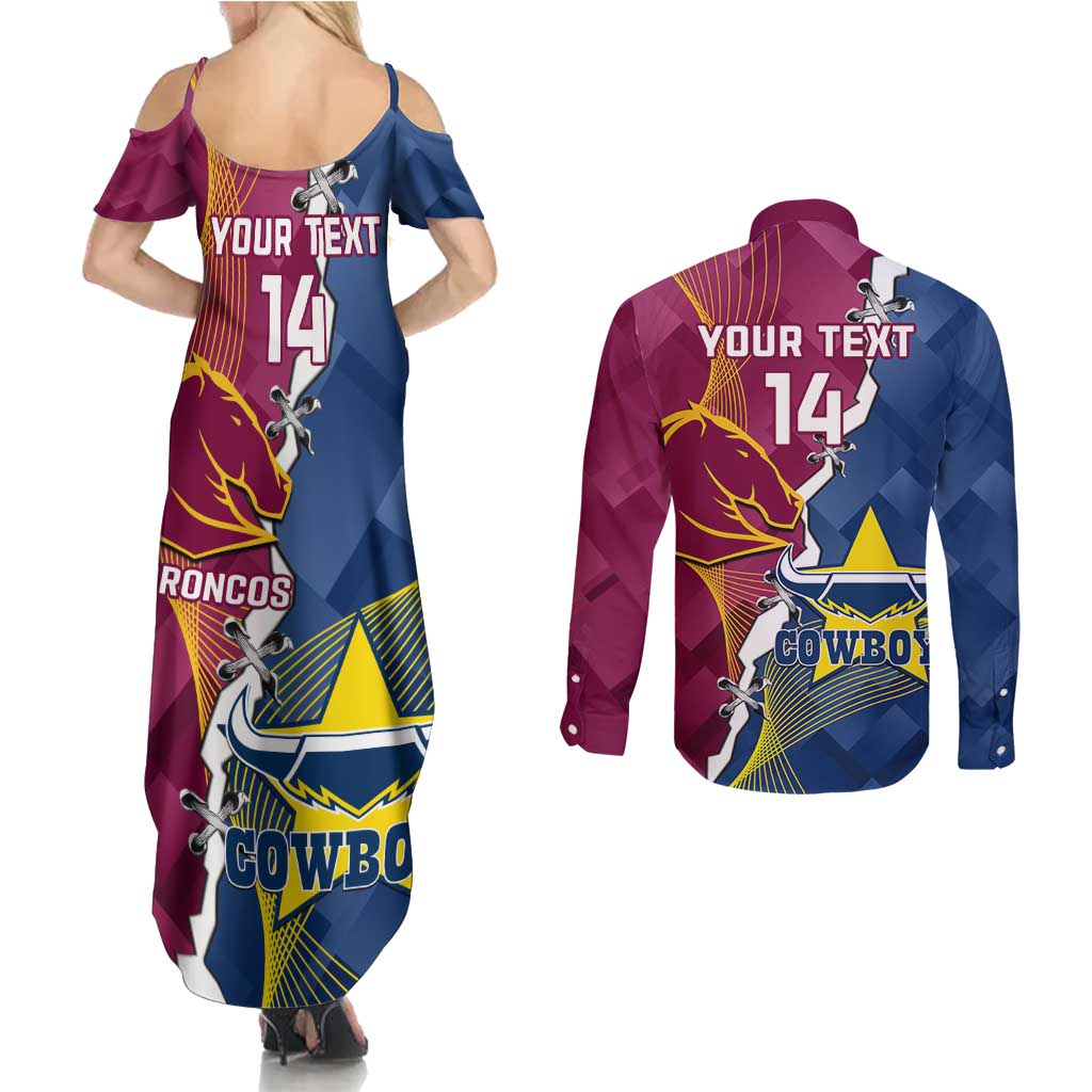 Custom Cowboys And Broncos Rugby Couples Matching Summer Maxi Dress and Long Sleeve Button Shirt Dynamic Style