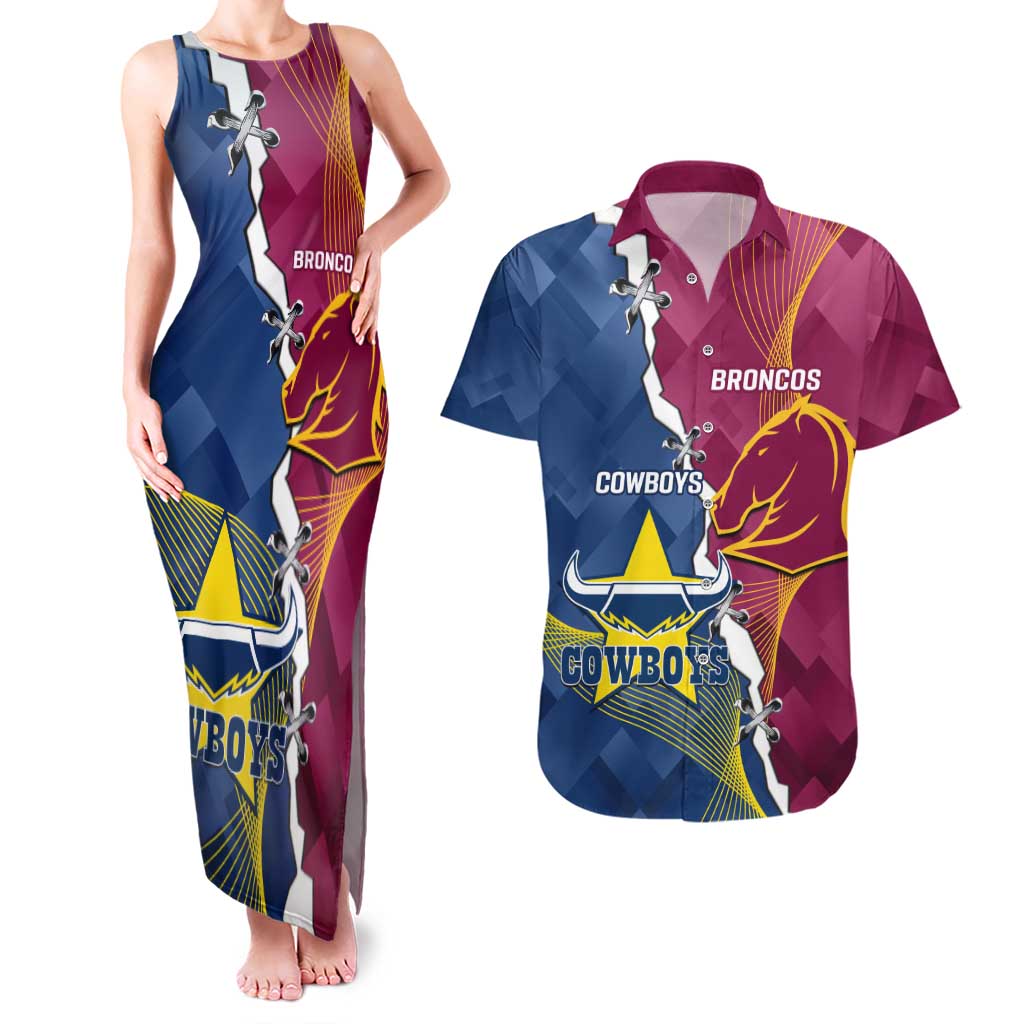 Custom Cowboys And Broncos Rugby Couples Matching Tank Maxi Dress and Hawaiian Shirt Dynamic Style