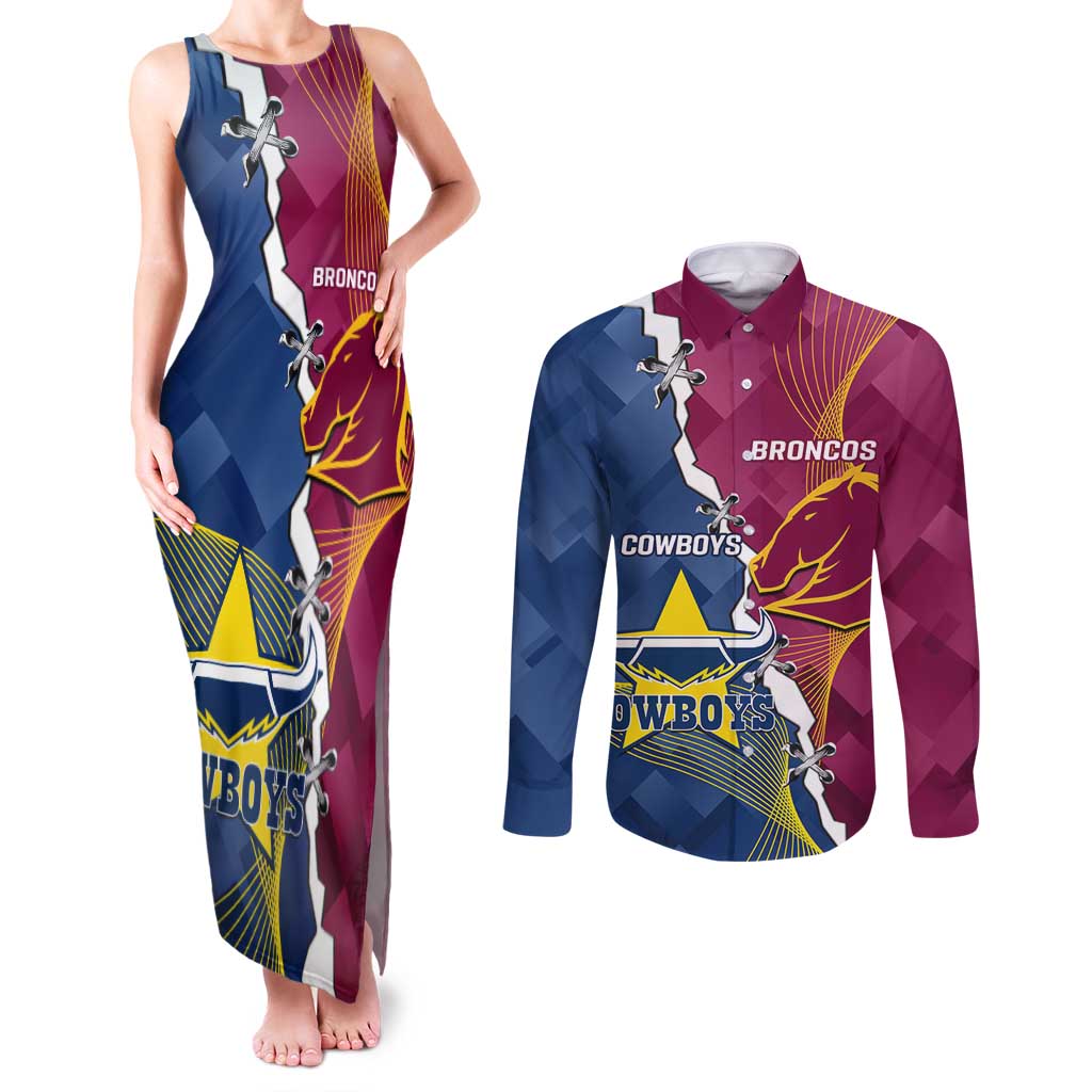 Custom Cowboys And Broncos Rugby Couples Matching Tank Maxi Dress and Long Sleeve Button Shirt Dynamic Style