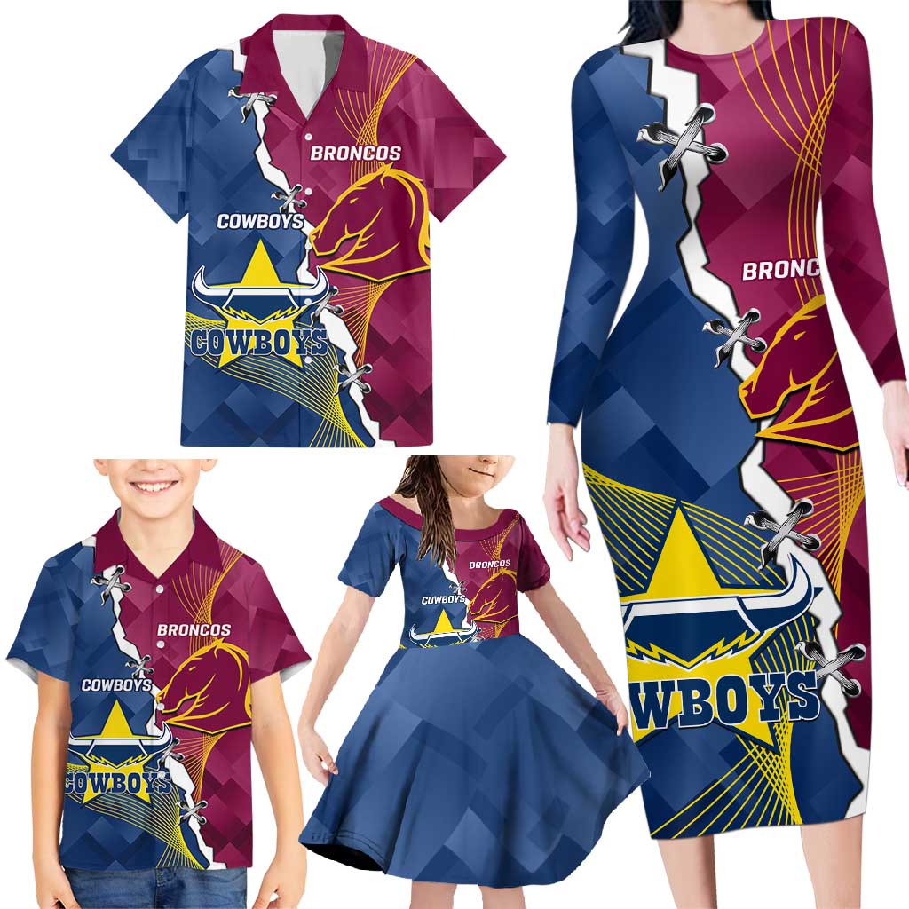 Custom Cowboys And Broncos Rugby Family Matching Long Sleeve Bodycon Dress and Hawaiian Shirt Dynamic Style