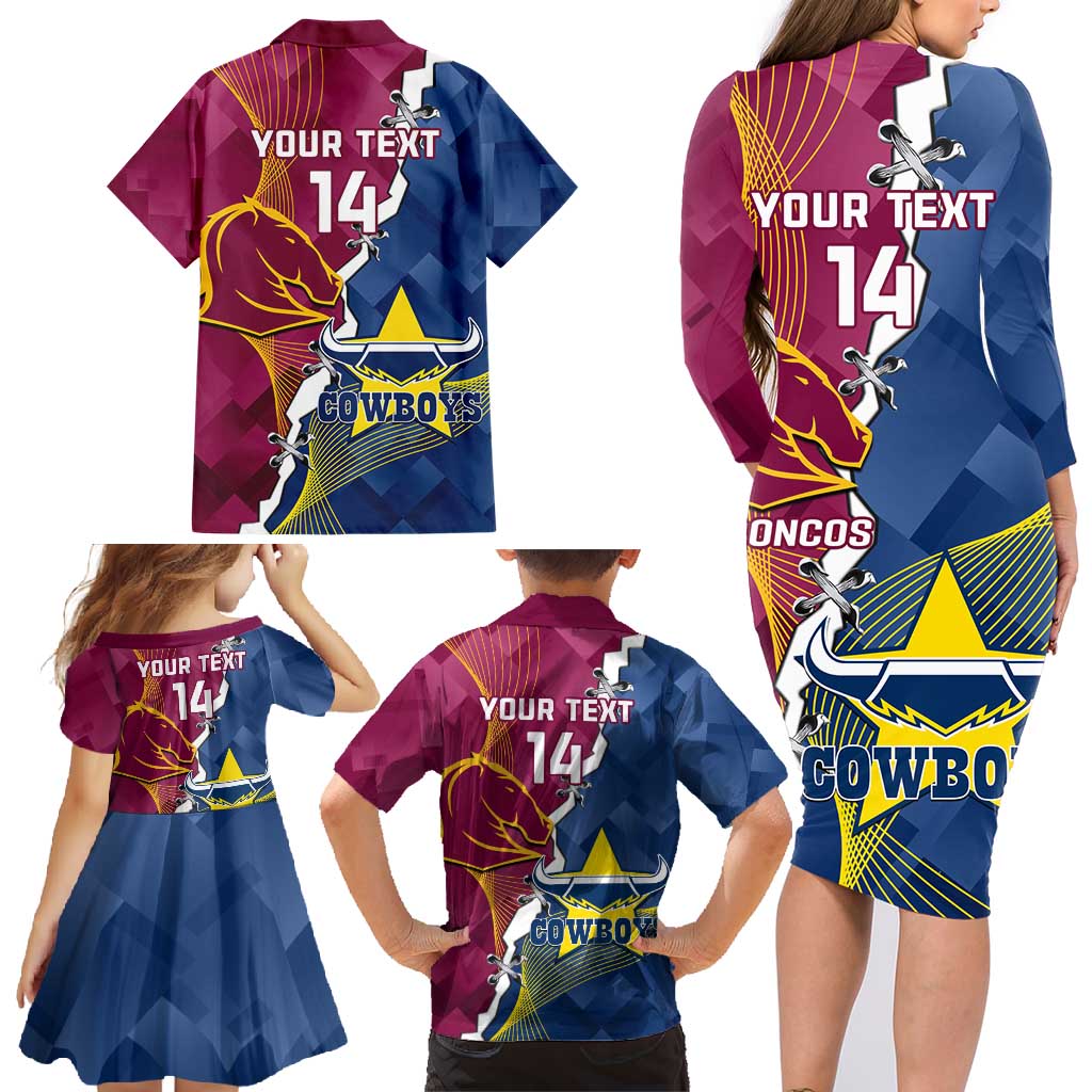 Custom Cowboys And Broncos Rugby Family Matching Long Sleeve Bodycon Dress and Hawaiian Shirt Dynamic Style
