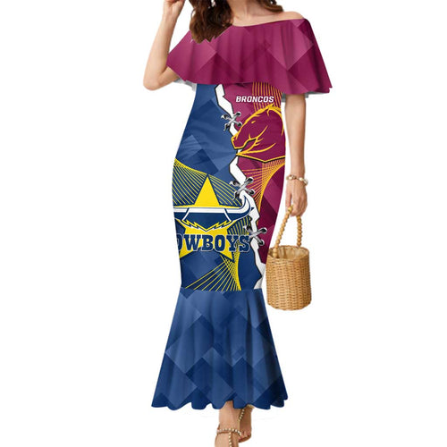 Custom Cowboys And Broncos Rugby Family Matching Mermaid Dress and Hawaiian Shirt Dynamic Style