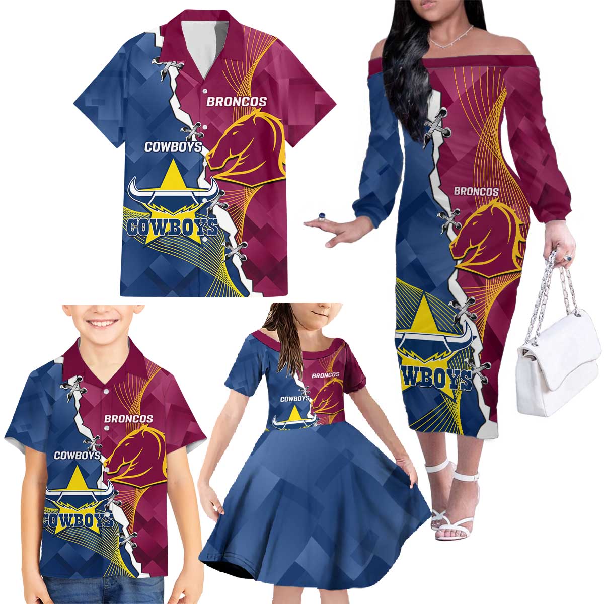 Custom Cowboys And Broncos Rugby Family Matching Off The Shoulder Long Sleeve Dress and Hawaiian Shirt Dynamic Style