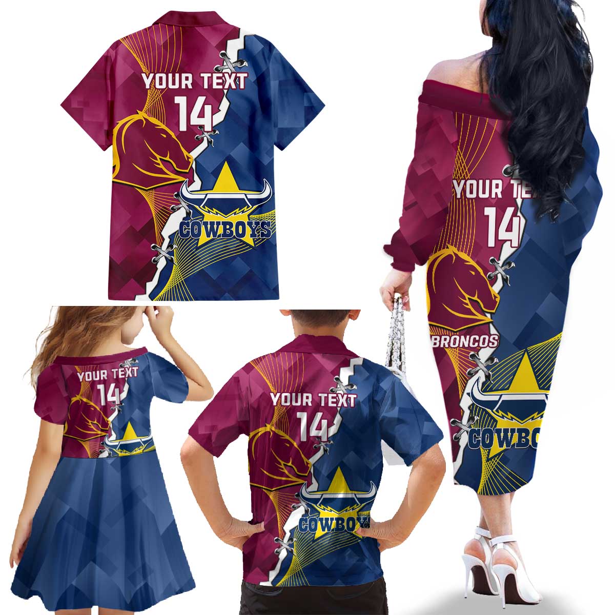 Custom Cowboys And Broncos Rugby Family Matching Off The Shoulder Long Sleeve Dress and Hawaiian Shirt Dynamic Style