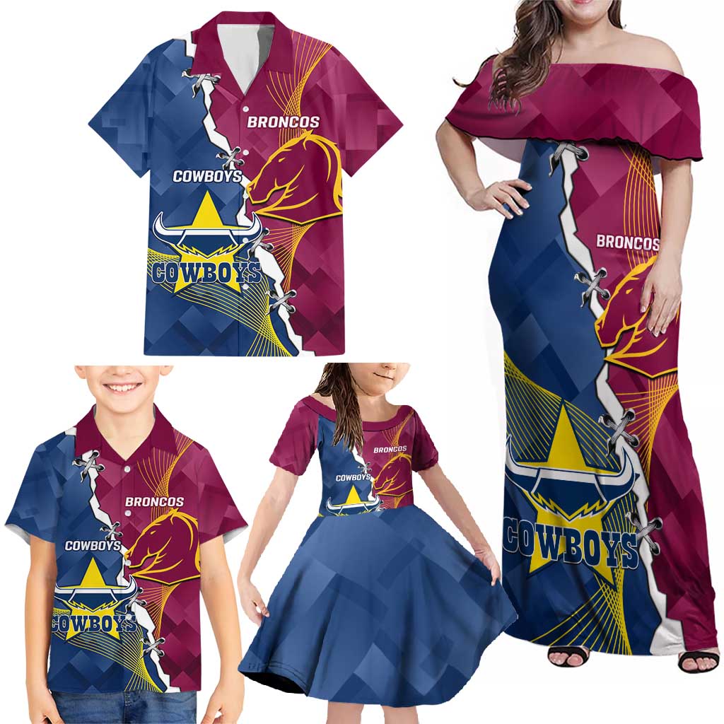 Custom Cowboys And Broncos Rugby Family Matching Off Shoulder Maxi Dress and Hawaiian Shirt Dynamic Style