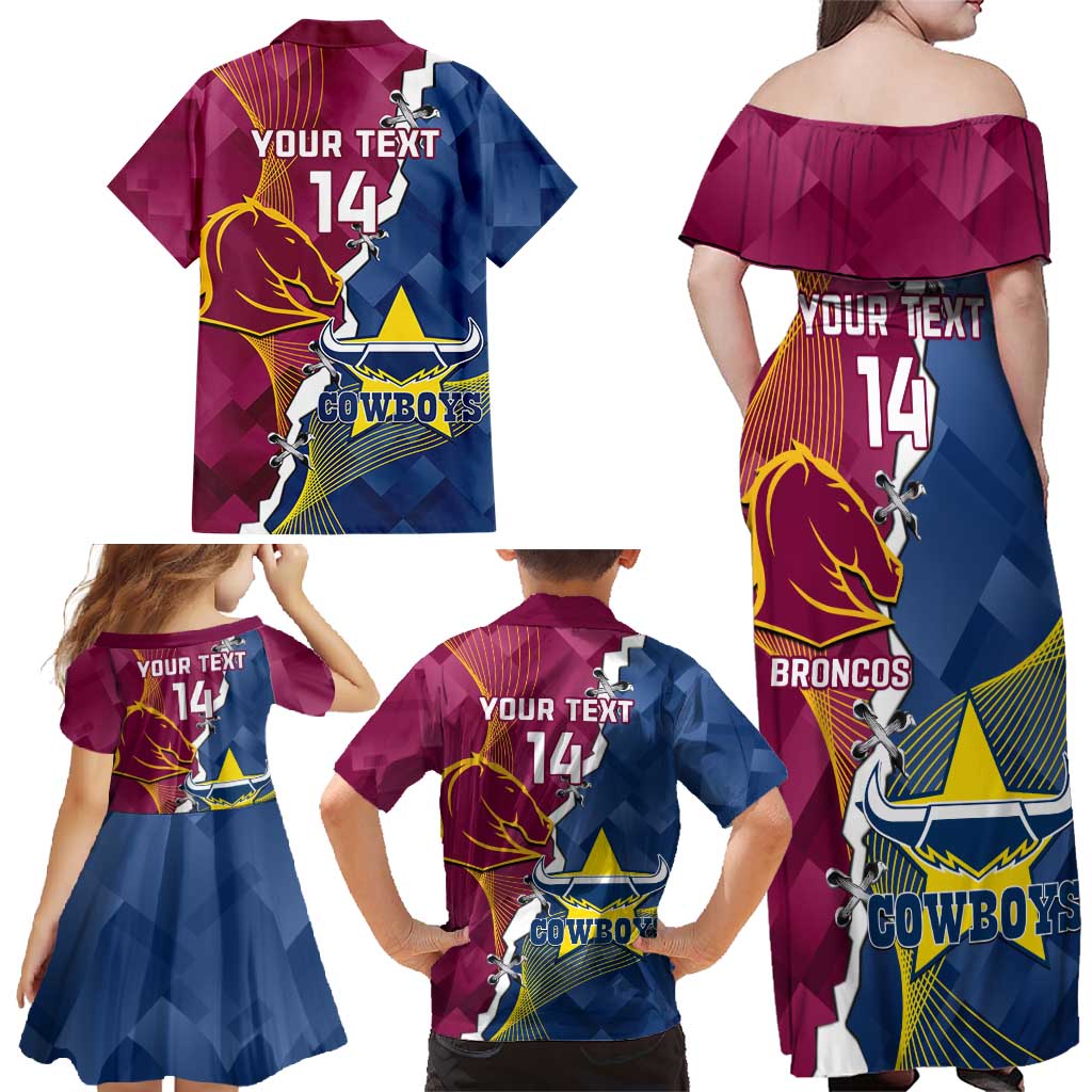 Custom Cowboys And Broncos Rugby Family Matching Off Shoulder Maxi Dress and Hawaiian Shirt Dynamic Style