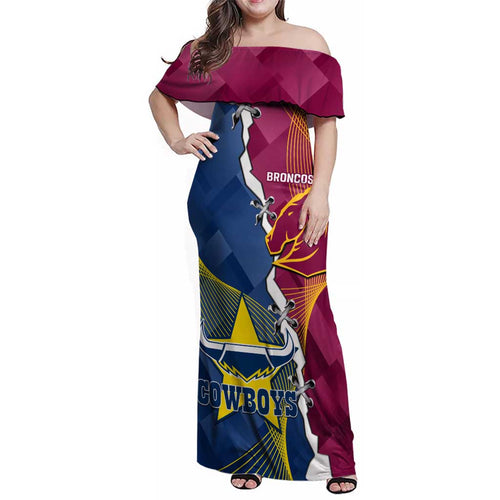 Custom Cowboys And Broncos Rugby Family Matching Off Shoulder Maxi Dress and Hawaiian Shirt Dynamic Style