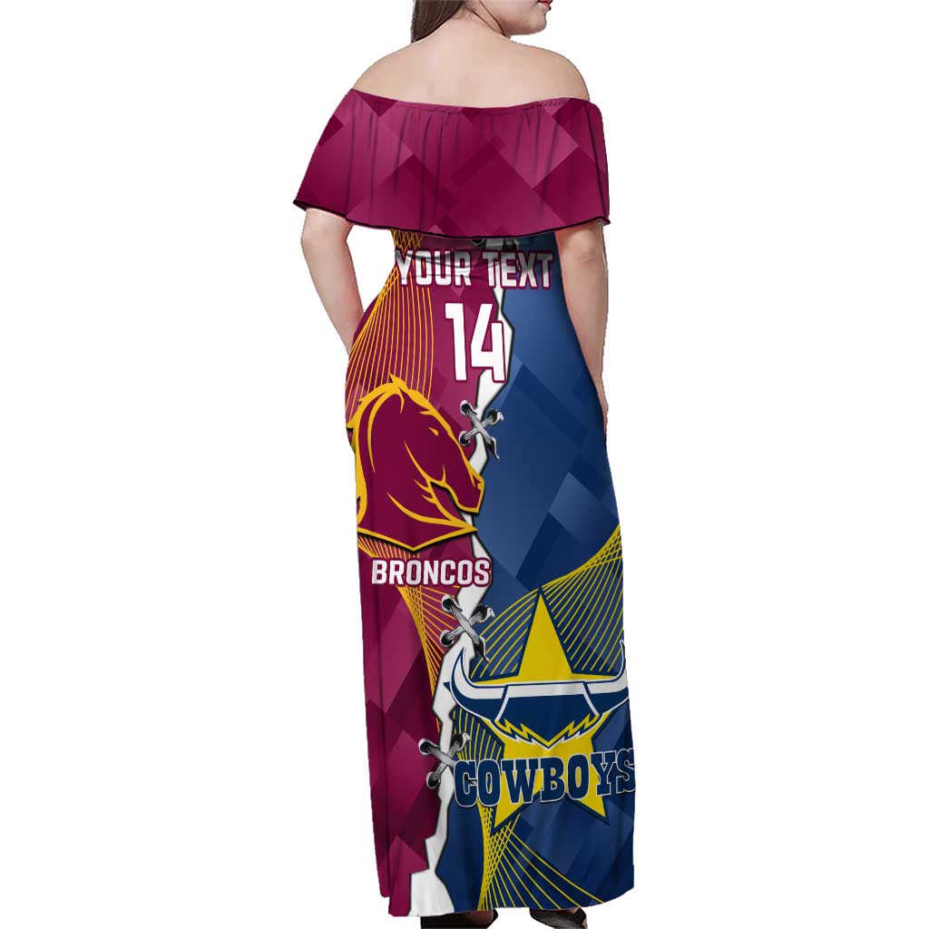 Custom Cowboys And Broncos Rugby Family Matching Off Shoulder Maxi Dress and Hawaiian Shirt Dynamic Style