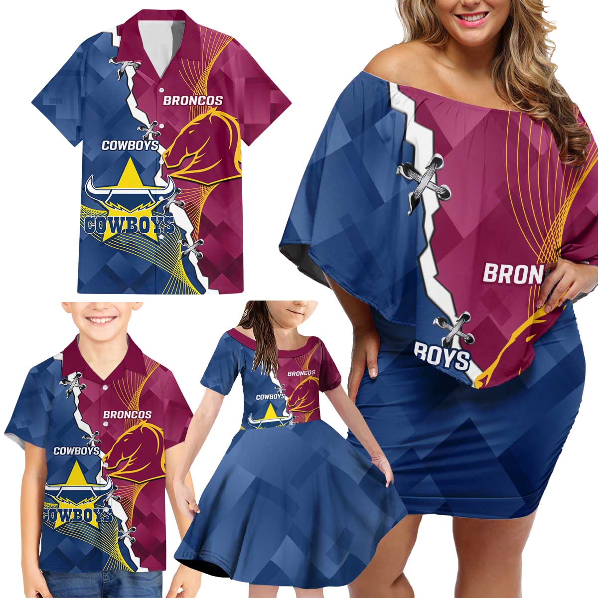 Custom Cowboys And Broncos Rugby Family Matching Off Shoulder Short Dress and Hawaiian Shirt Dynamic Style