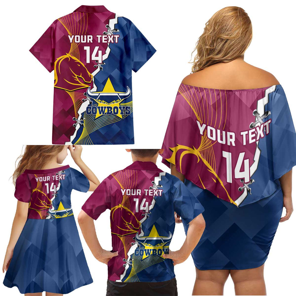 Custom Cowboys And Broncos Rugby Family Matching Off Shoulder Short Dress and Hawaiian Shirt Dynamic Style