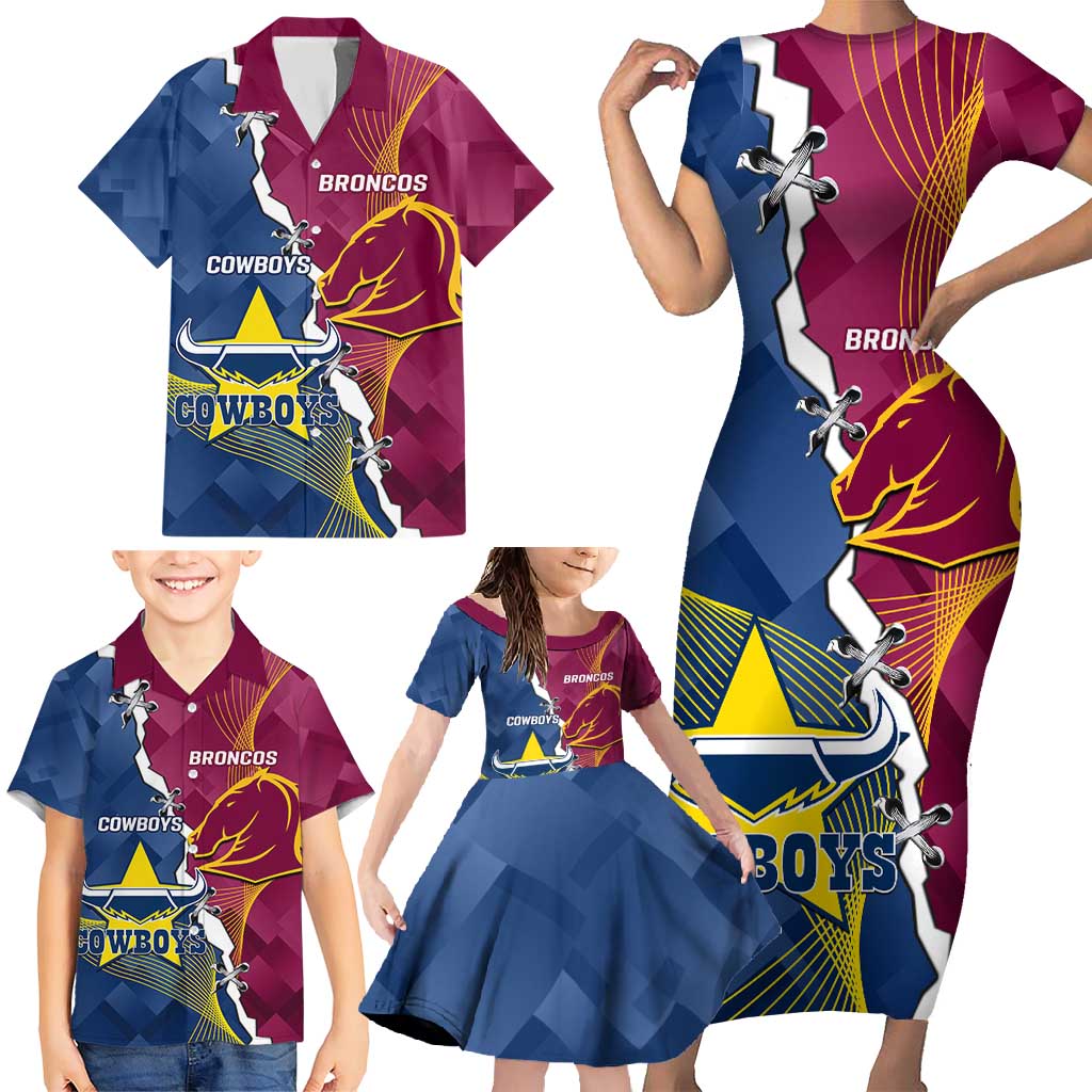 Custom Cowboys And Broncos Rugby Family Matching Short Sleeve Bodycon Dress and Hawaiian Shirt Dynamic Style